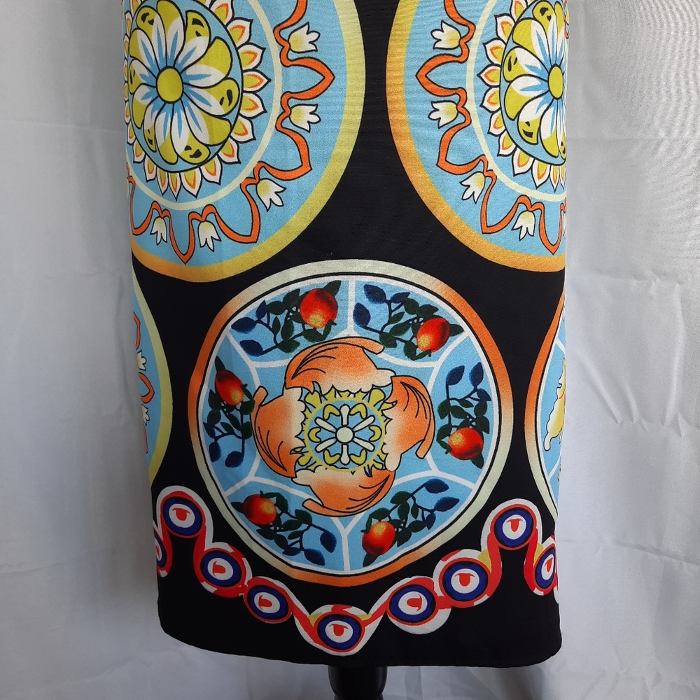 Pencil Skirt Womens Small / Med Ceramic Plate Print Black Multicolored Side Zip - Picture 8 of 14